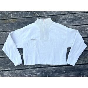 LUNYA Cream Ribbed Mock Neck Quarter Zip Cropped Organic Cotton‎ Silk Sweater XS